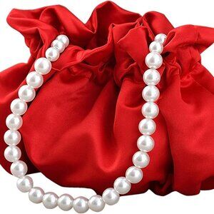 Small Wristlet Purses Mini Bucket Bag Women Hobo Bag with Faux Pearl Chain Red
